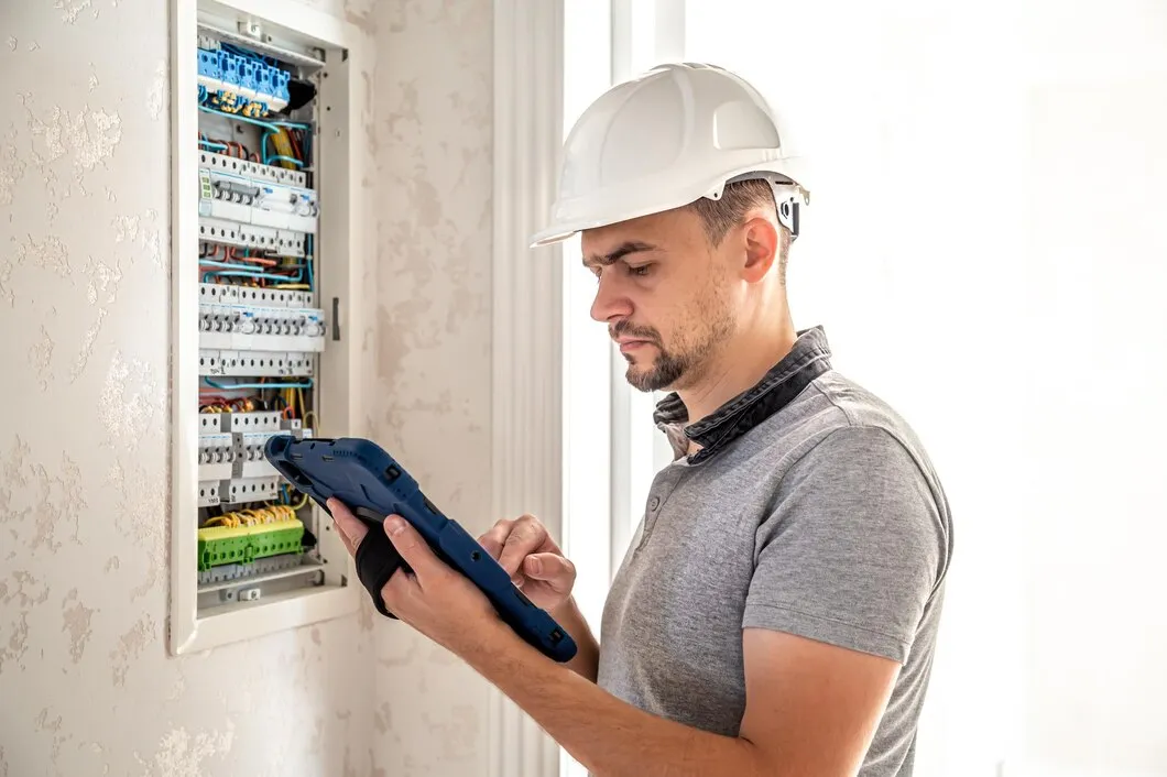 man-electrical-technician-working-switchboard-with-fuses-uses-tablet